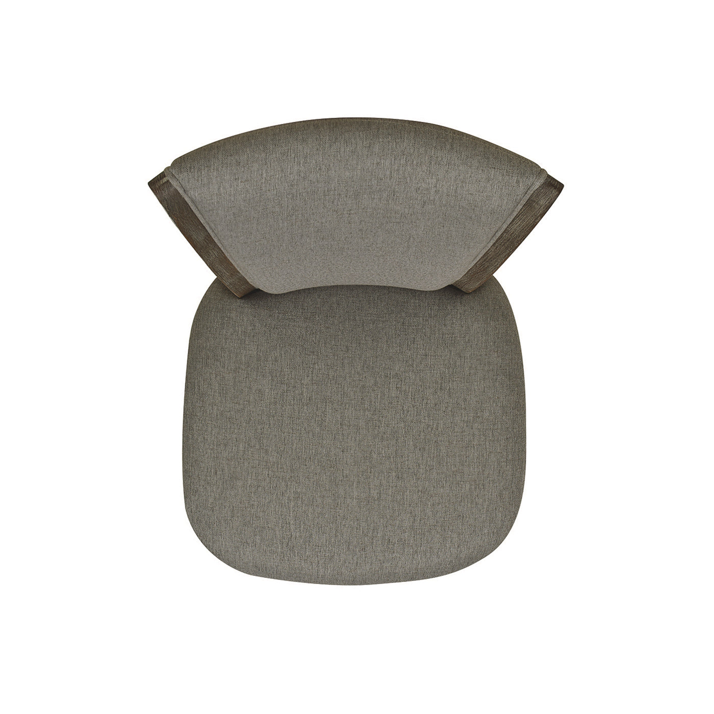 Top view of a grey upholstered dining chair with wooden accents