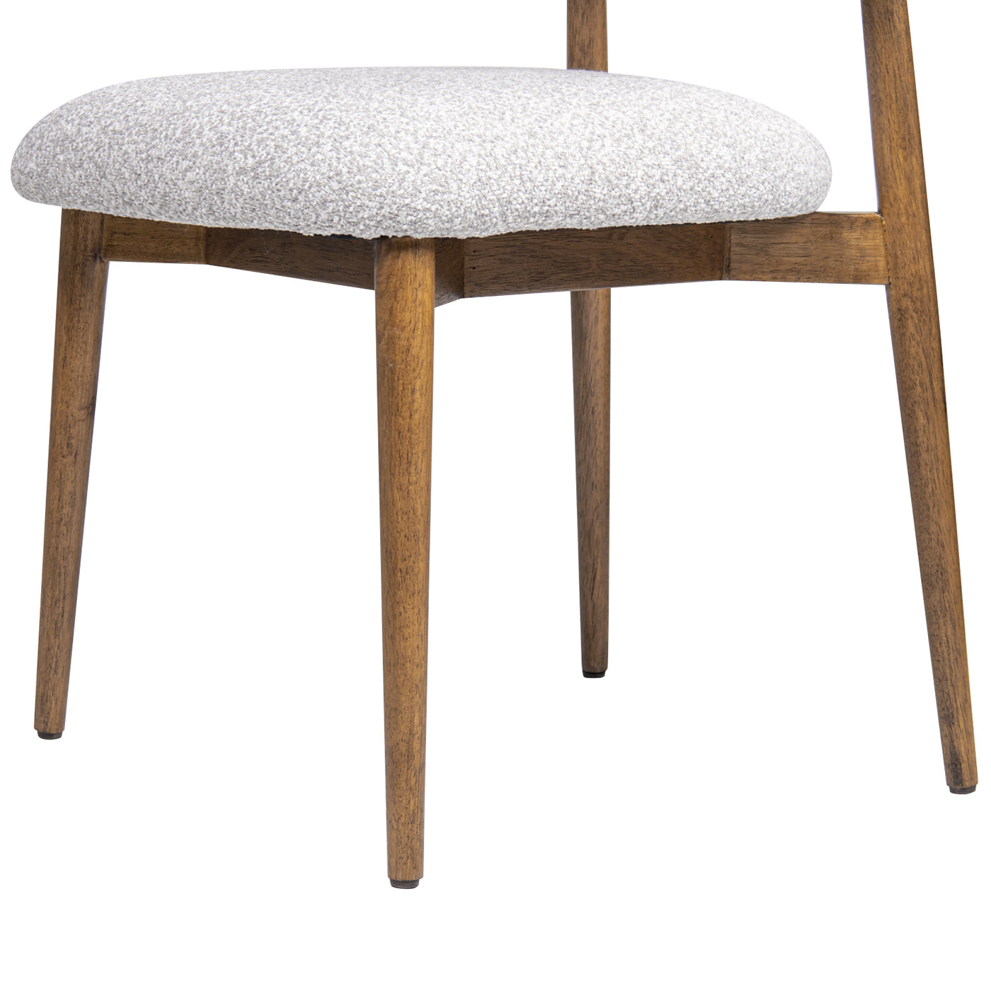 Boucle upholstered dining chair with tapered wooden legs
