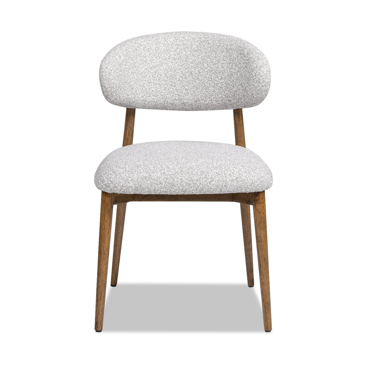 Modern accent chair with textured light gray upholstery and natural wood legs