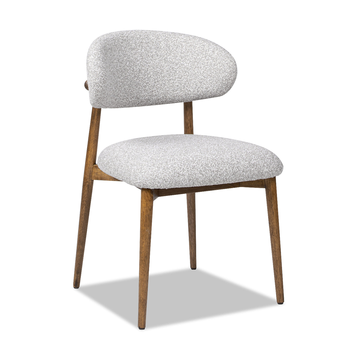 Light grey boucle upholstered modern dining chair with wooden legs