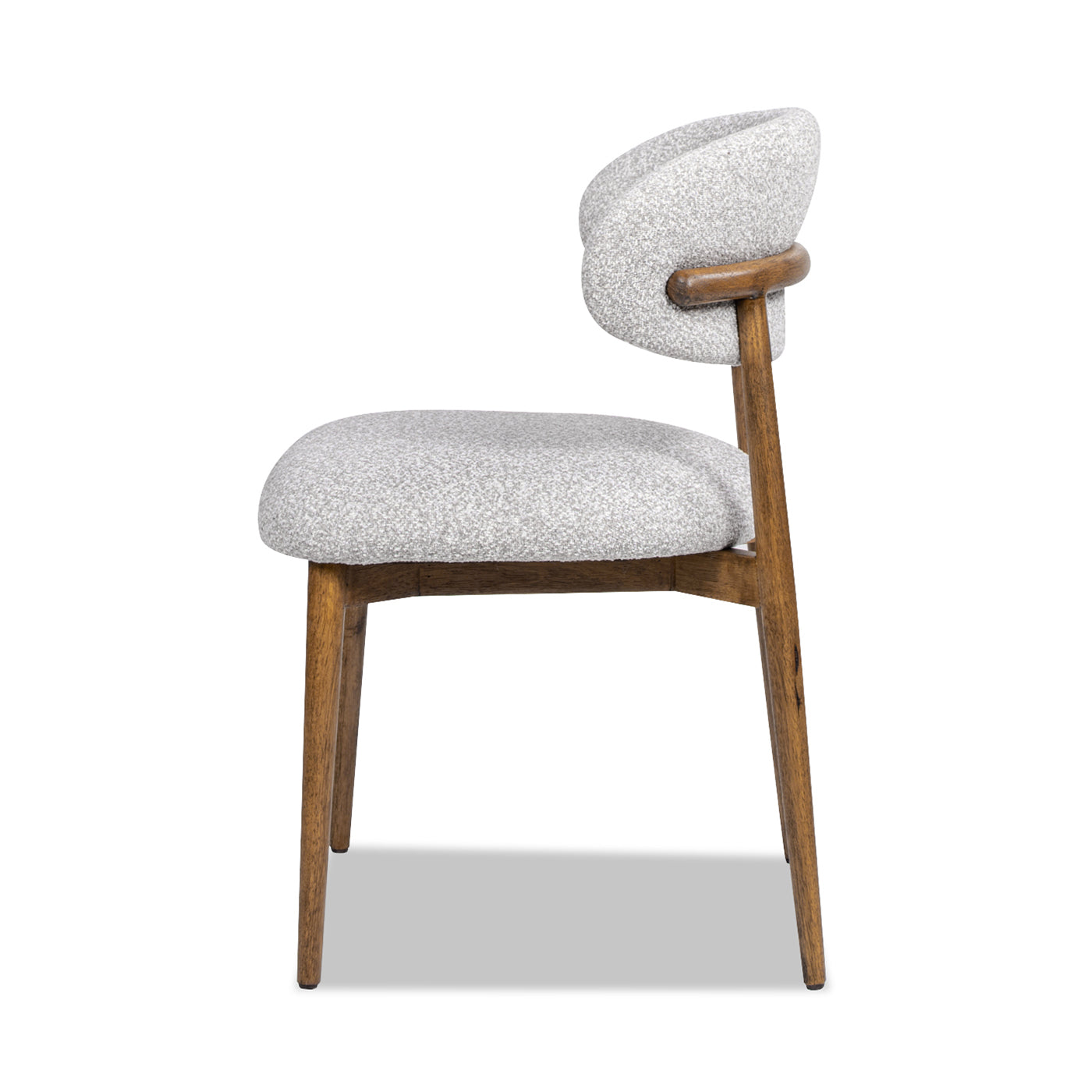 Modern accent chair with textured grey upholstery and natural wood frame