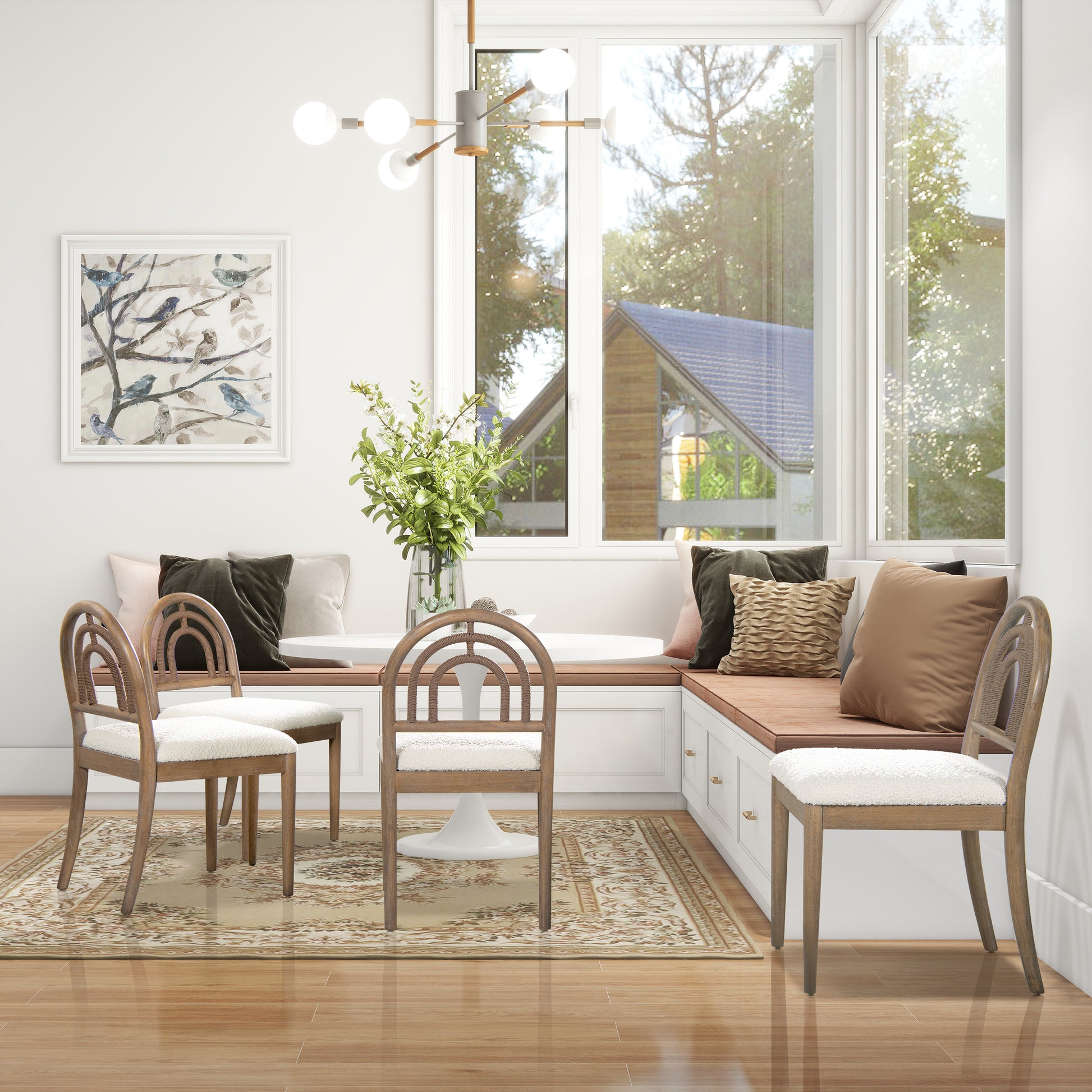 Modern wood dining chairs with textured white seats and arched rattan backs