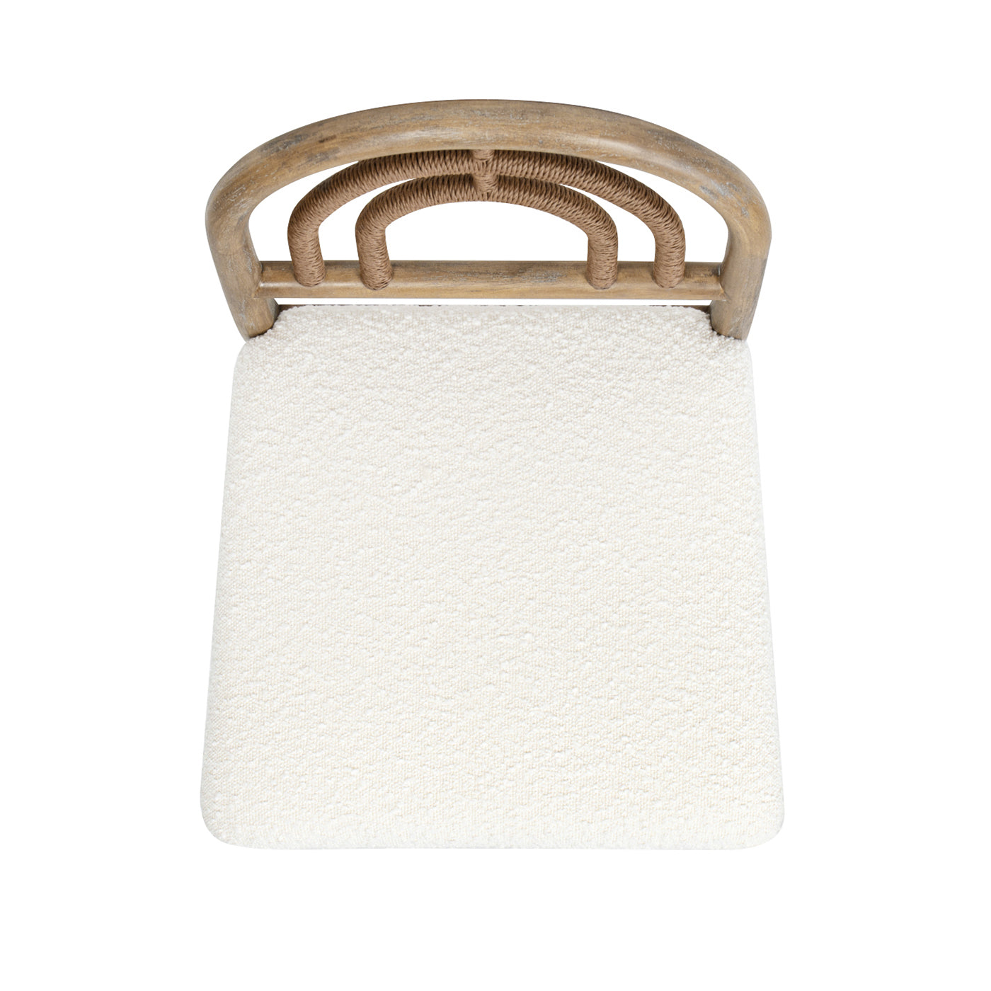 Top view of a white boucle upholstered stool with a natural wood and rattan curved backrest