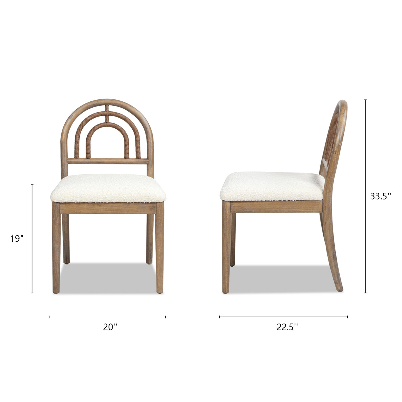 Wooden dining chair with curved cane back and white boucle seat