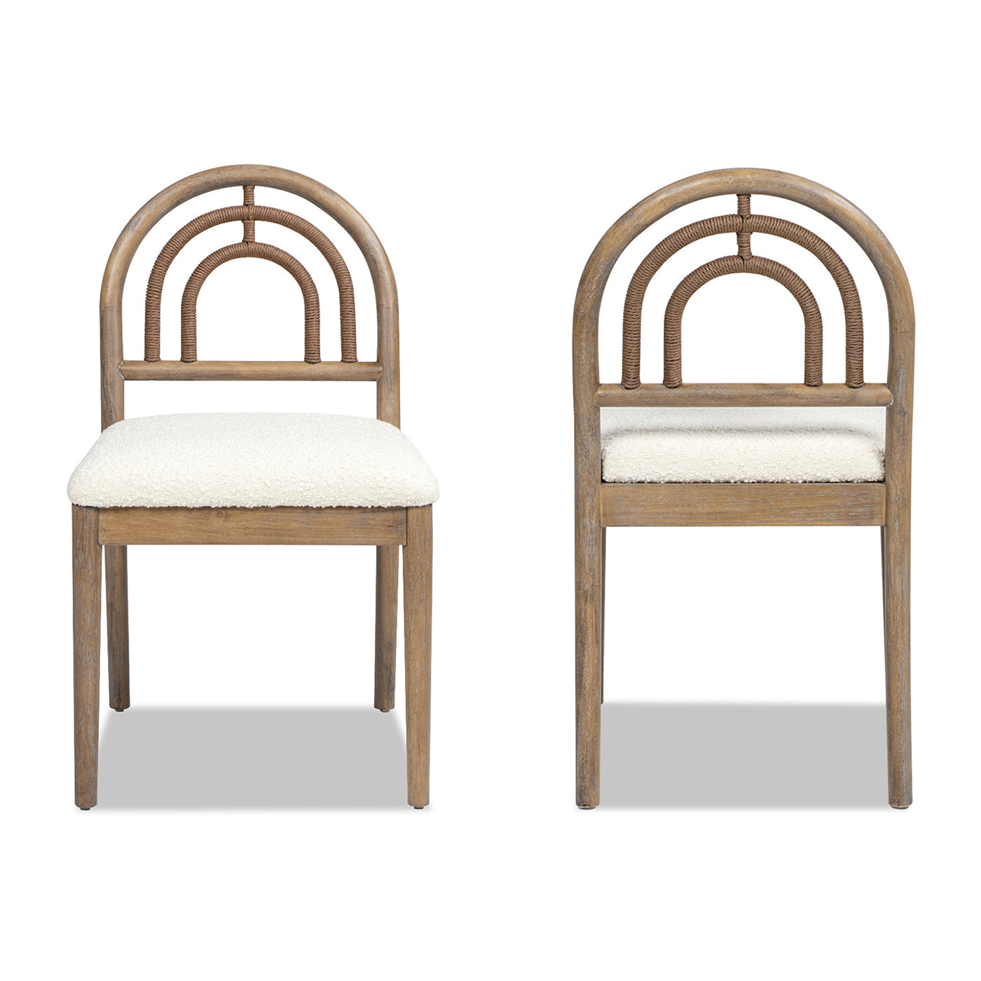 Natural wood dining chair with woven arched back and cream boucle seat