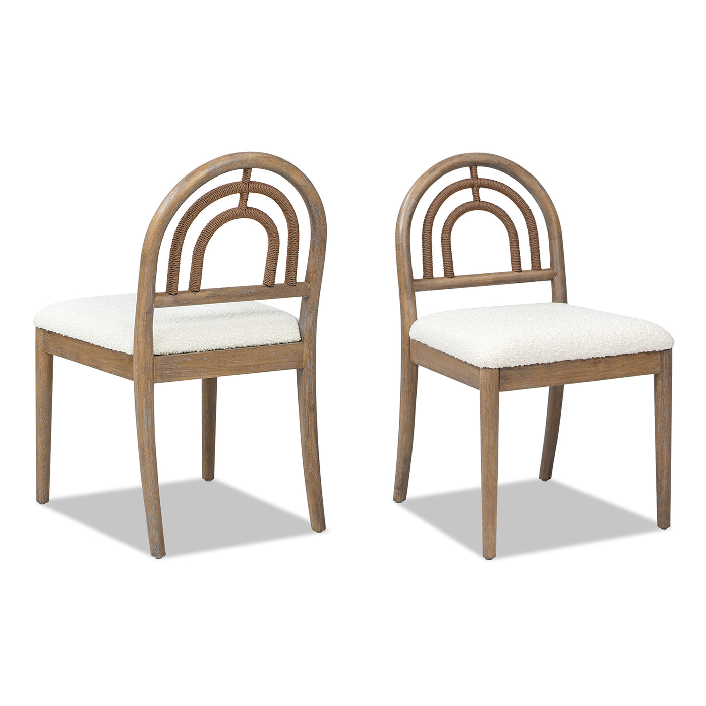 Wooden dining chairs with textured white seat and woven rainbow backrest