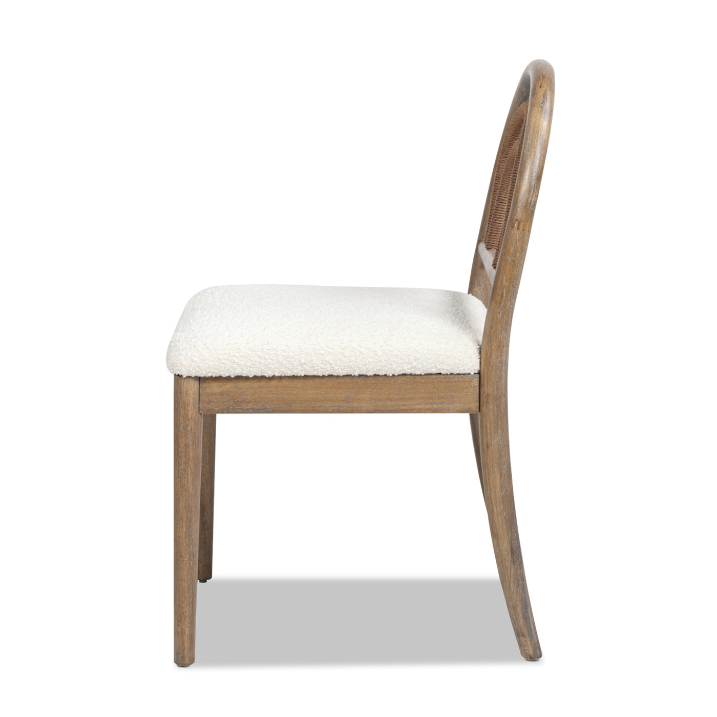 Natural wood accent chair with curved back and white boucle seat