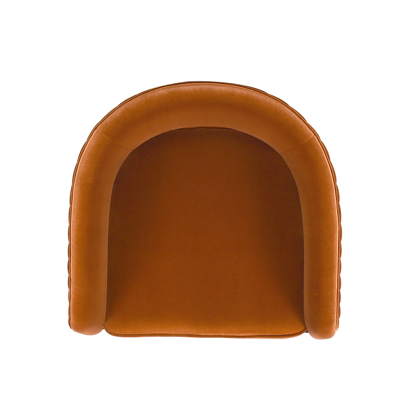 Top view of a burnt orange velvet armchair with rounded arms for a cozy living room