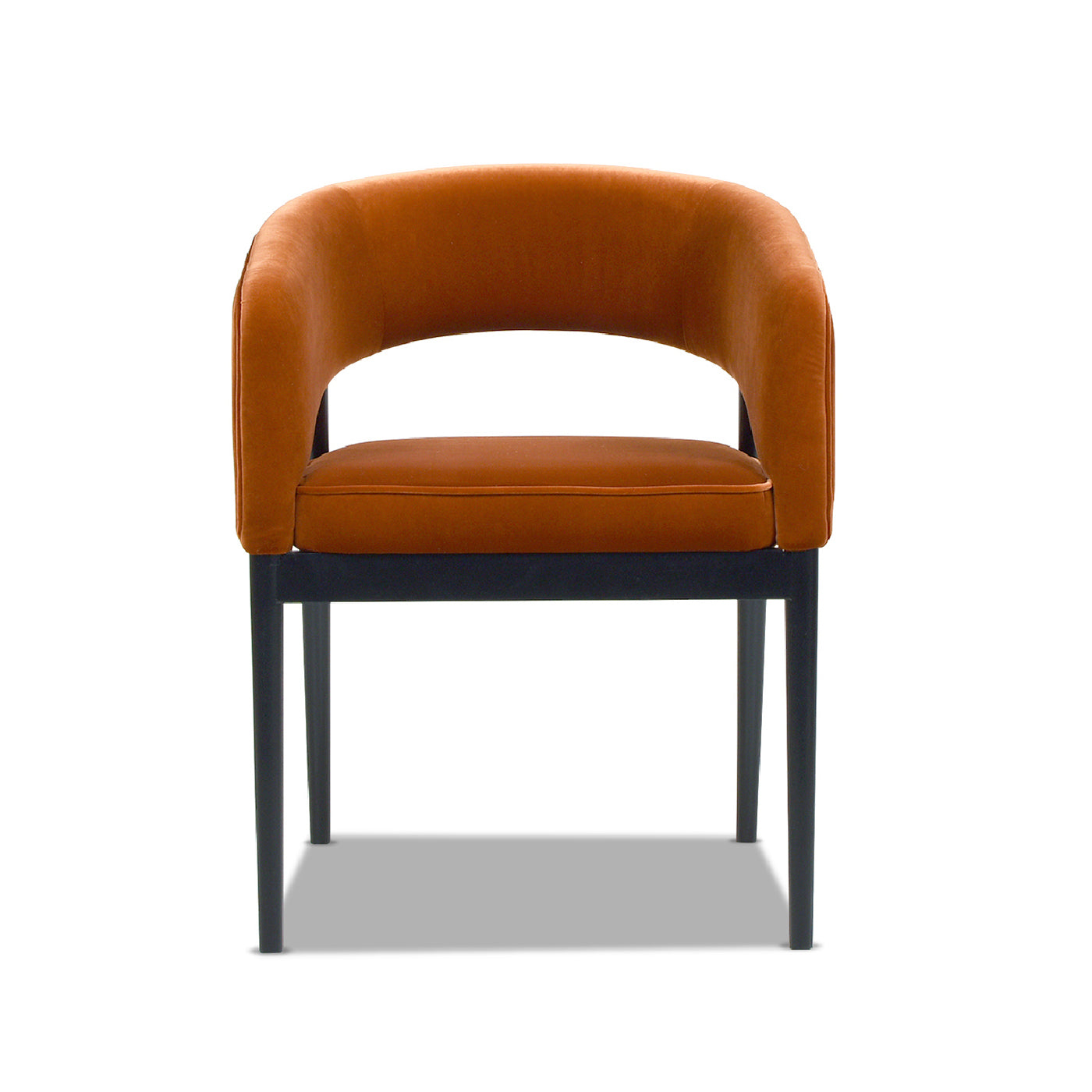 Orange velvet accent chair with black metal legs modern design
