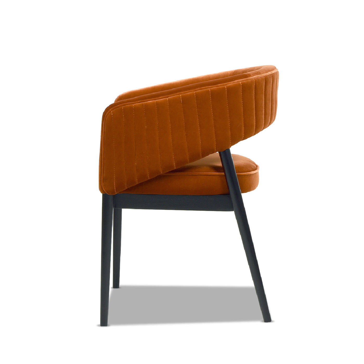 Orange upholstered accent chair with vertical stitching detail and dark metal legs