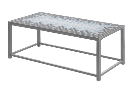 Rectangular coffee table with grey metal frame and mosaic tile top featuring blue and grey squares