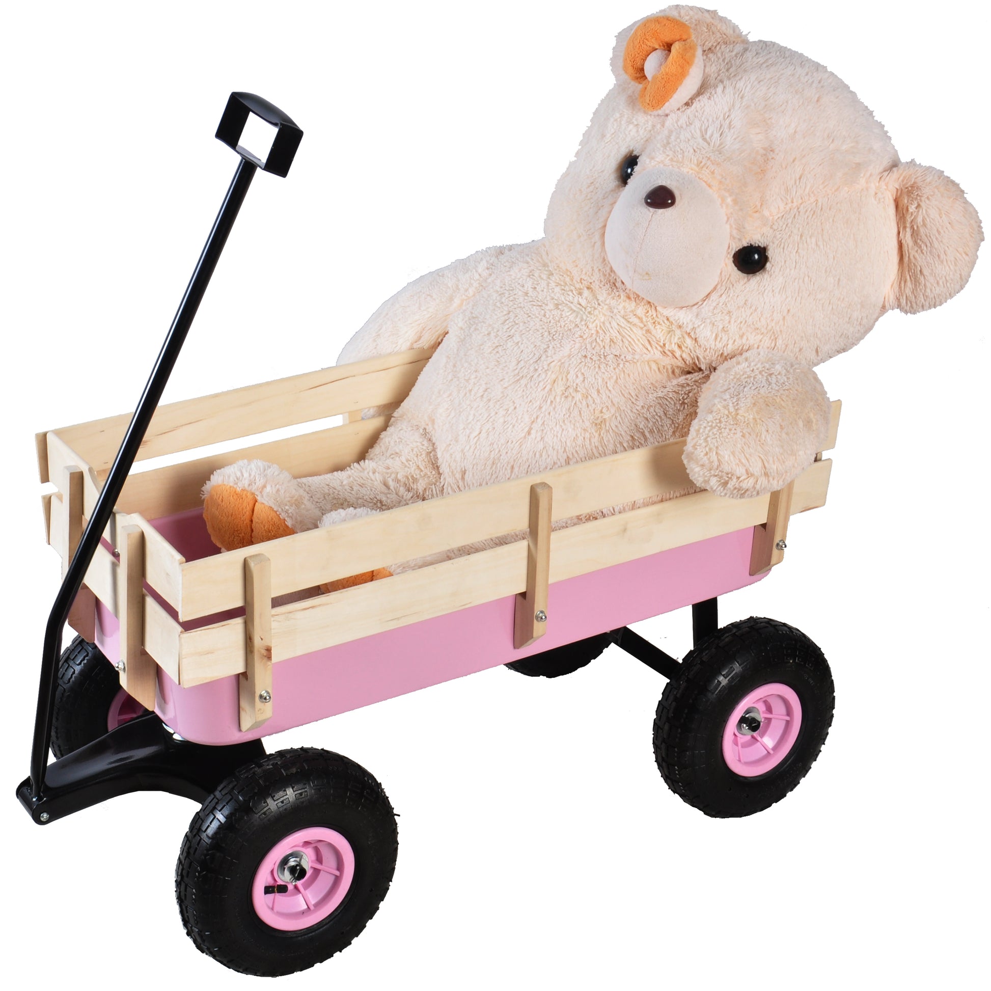 Pink wooden wagon with large plush teddy bear and black handle