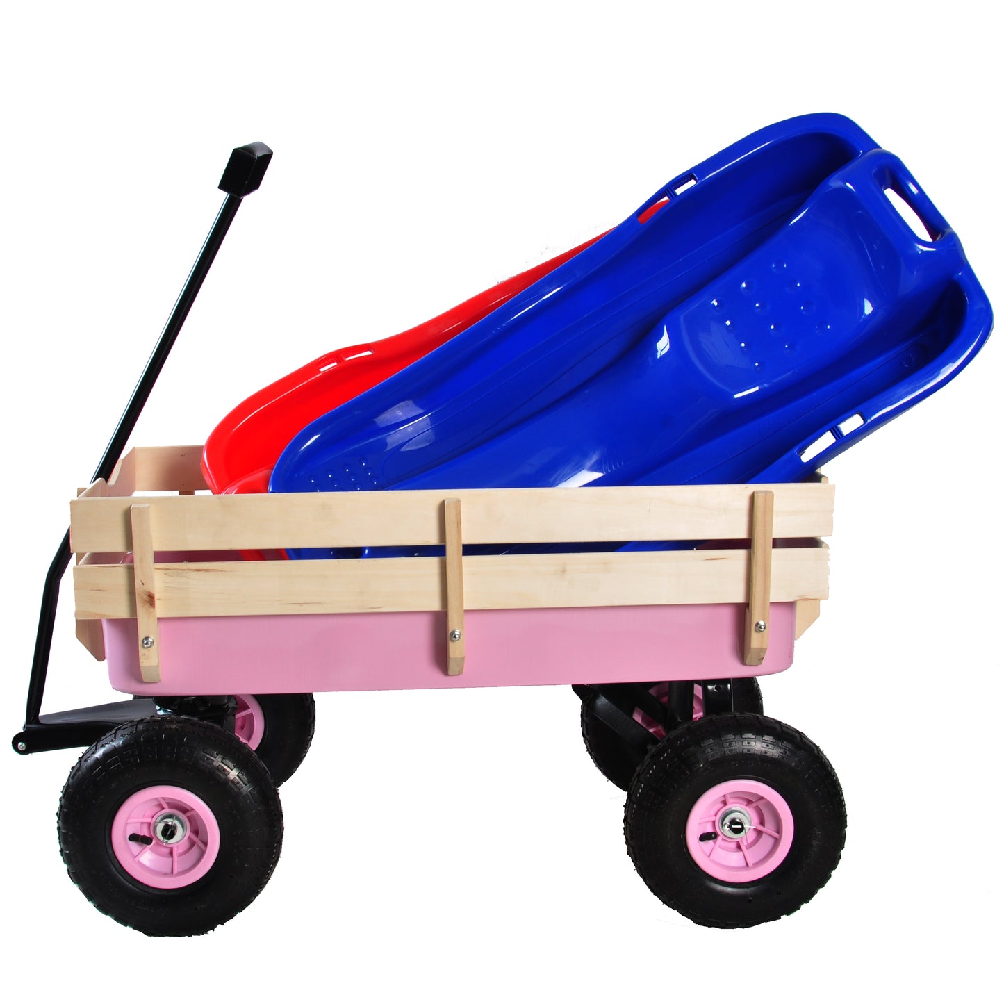 Pink wagon with wooden sides carrying blue and red plastic sleds