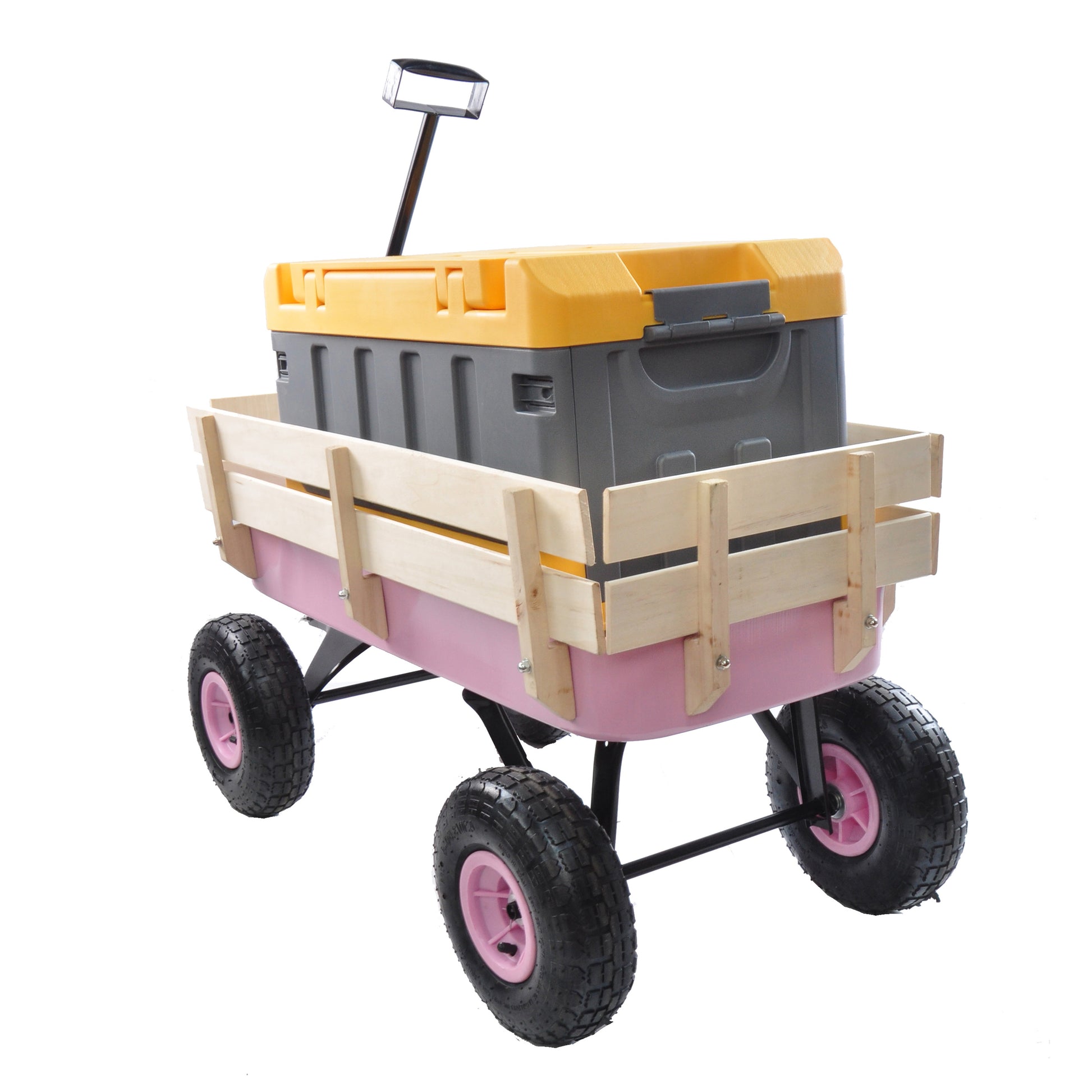 Pink wagon with wooden sides carrying grey and yellow storage bins for outdoor use