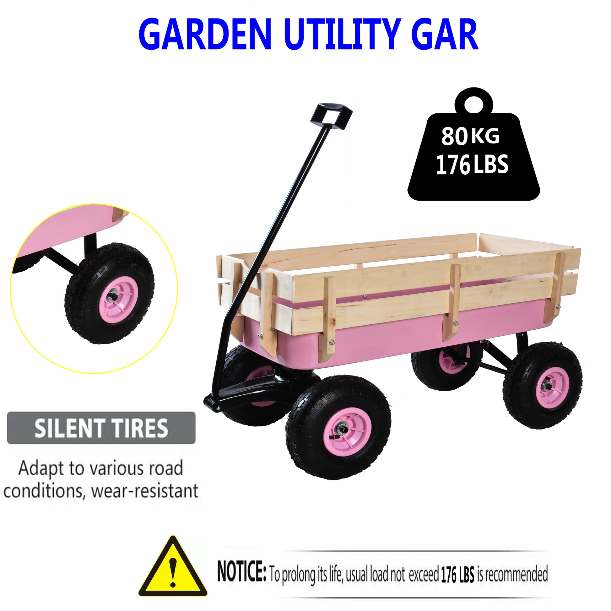 Pink garden utility wagon with wooden sides and silent wearresistant tires for outdoor hauling