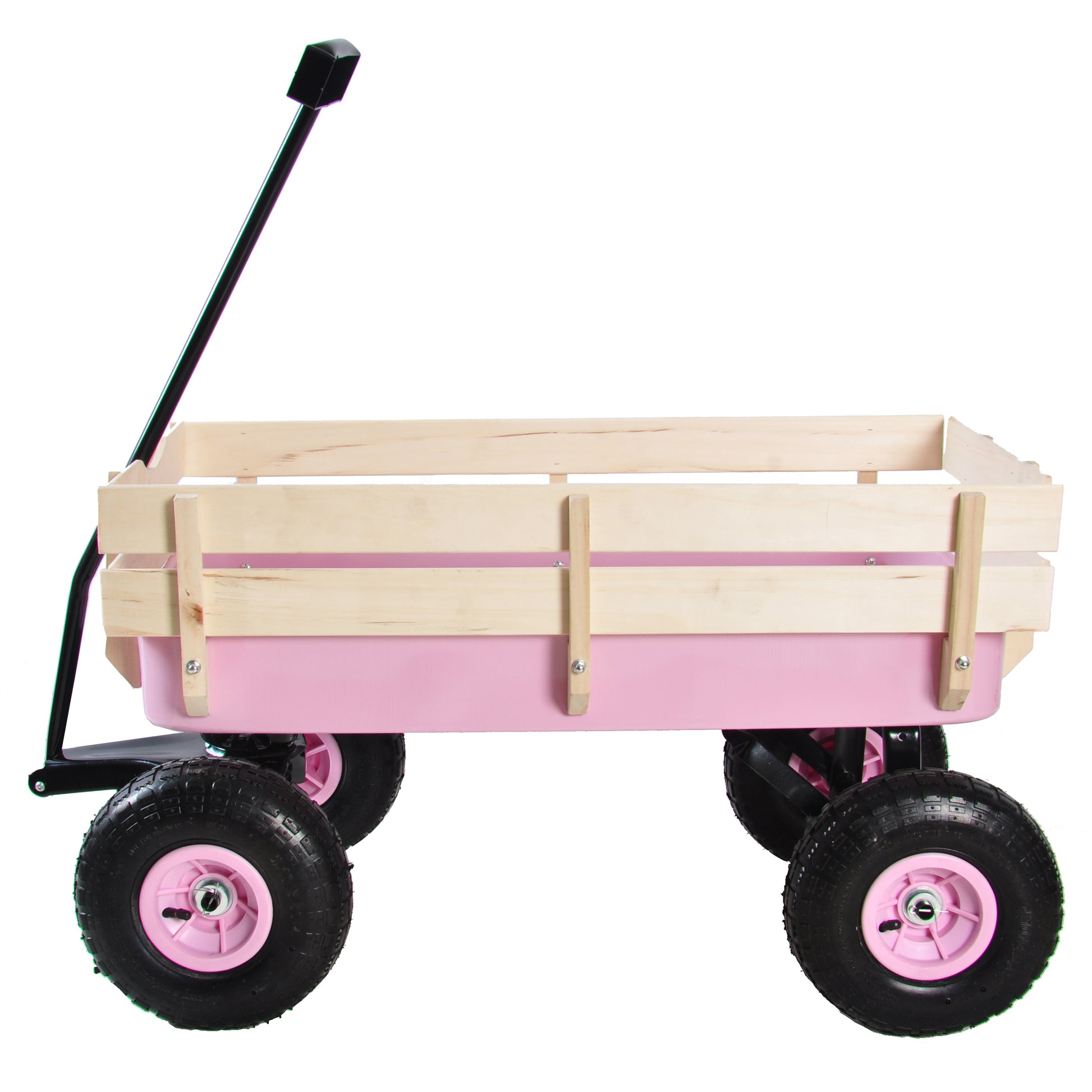 Pink wooden wagon with black handle and rugged tires perfect for kids outdoor play