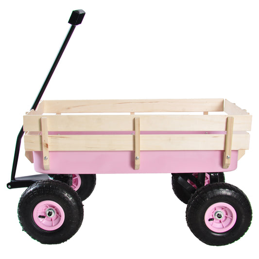 Pink wooden wagon with black handle and rugged tires perfect for kids outdoor play