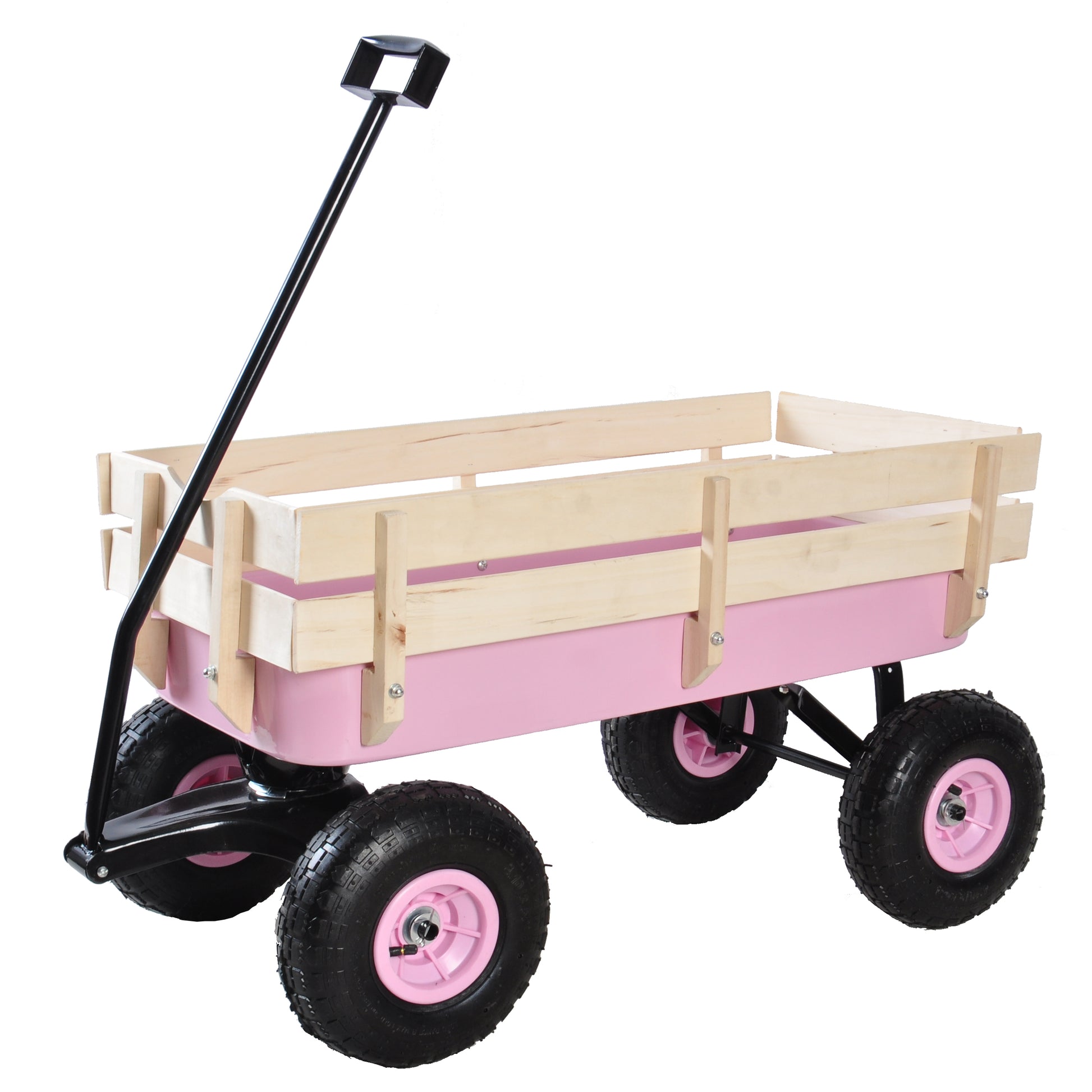Pink metal wagon with wooden sides and black handle for garden use