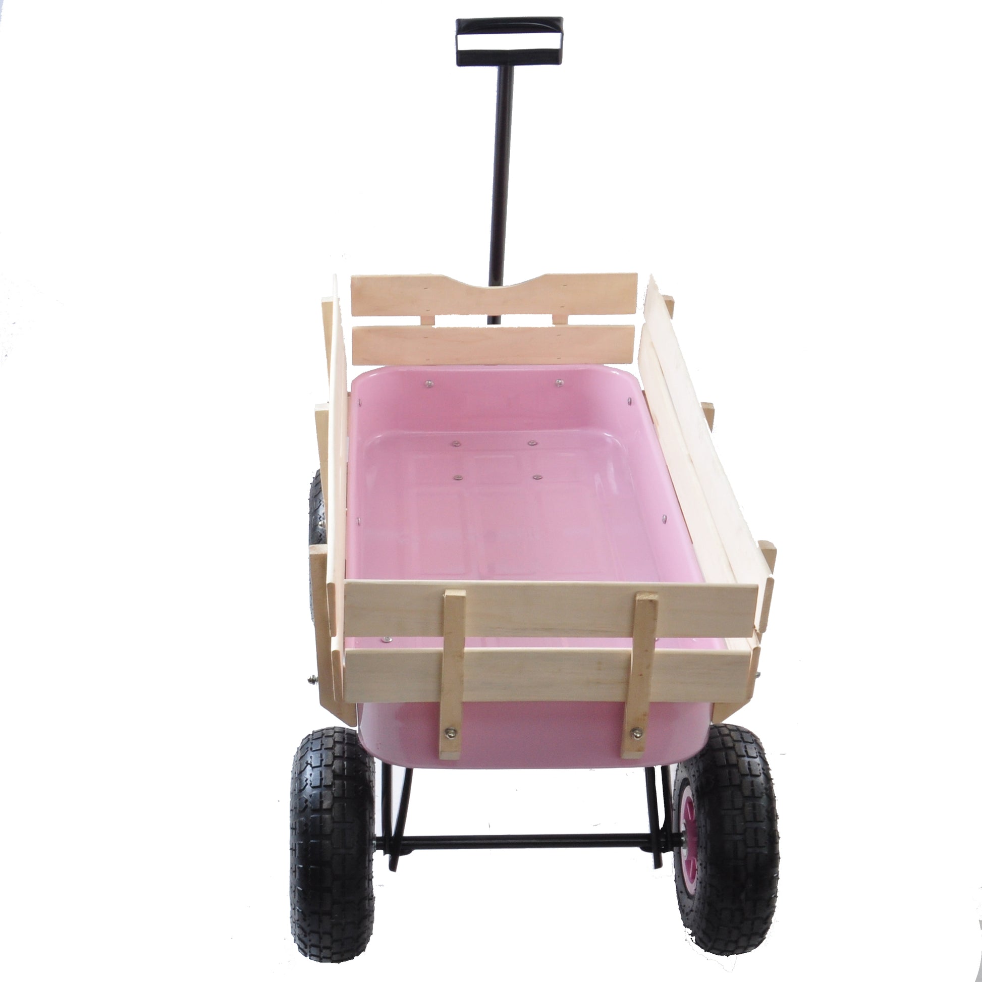Pink wagon with wooden sides and black tires perfect for backyard play