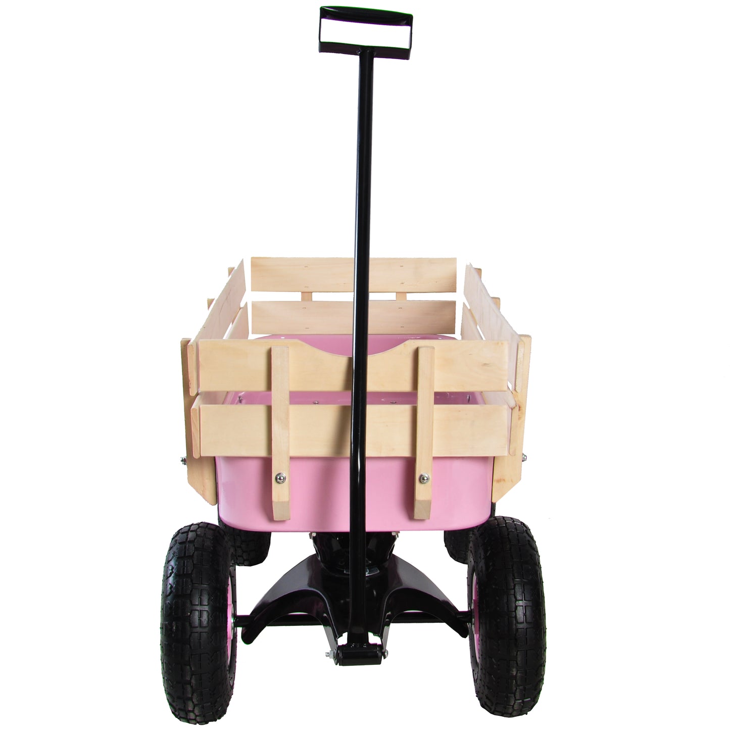 Pink wooden wagon with black handle and rugged tires for outdoor play