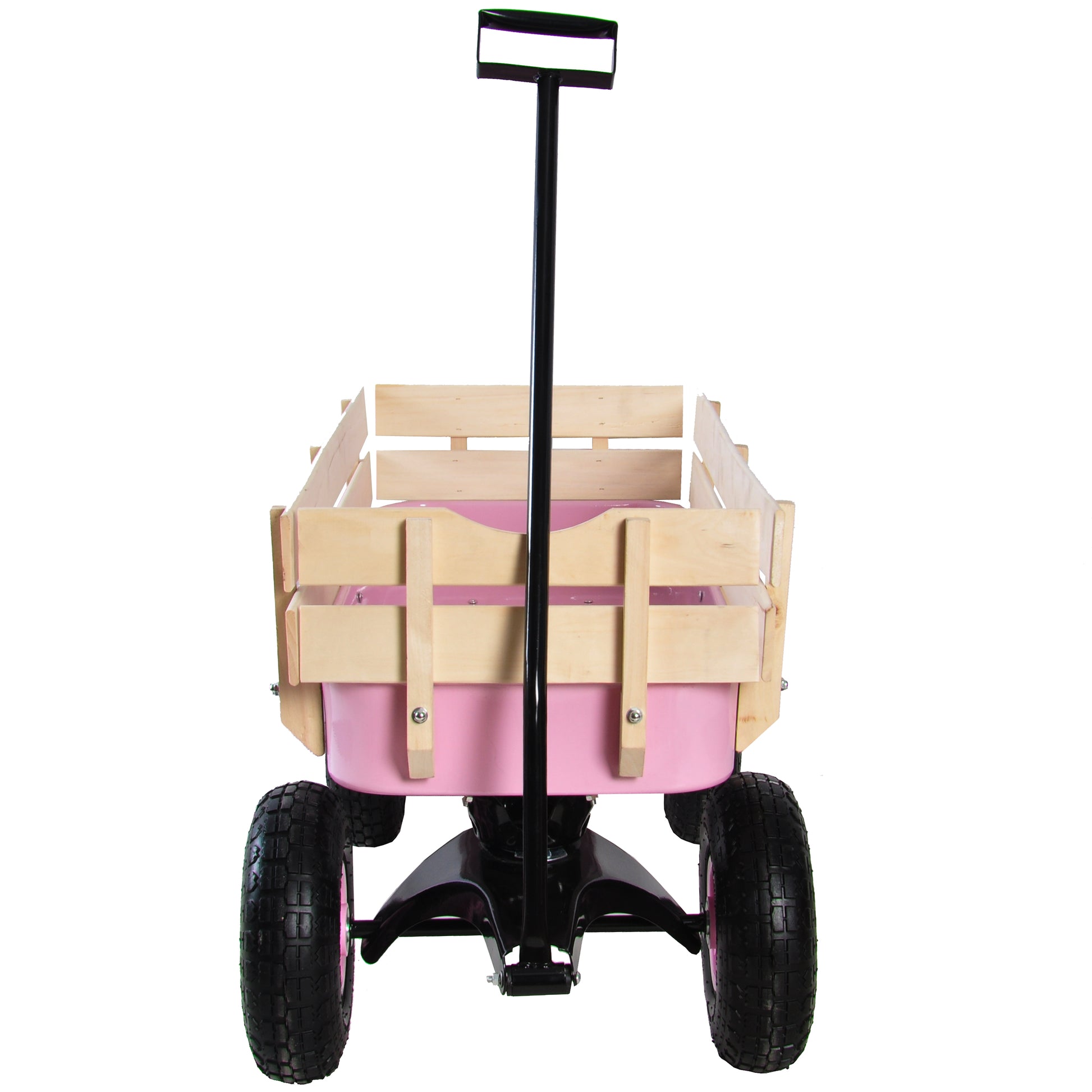 Pink wooden wagon with black handle and rugged tires for outdoor play