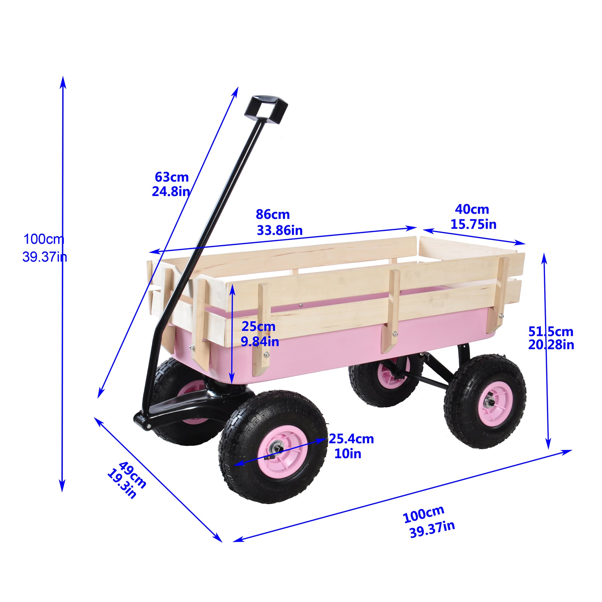 Pink wooden garden wagon with black handle and wheels perfect for hauling