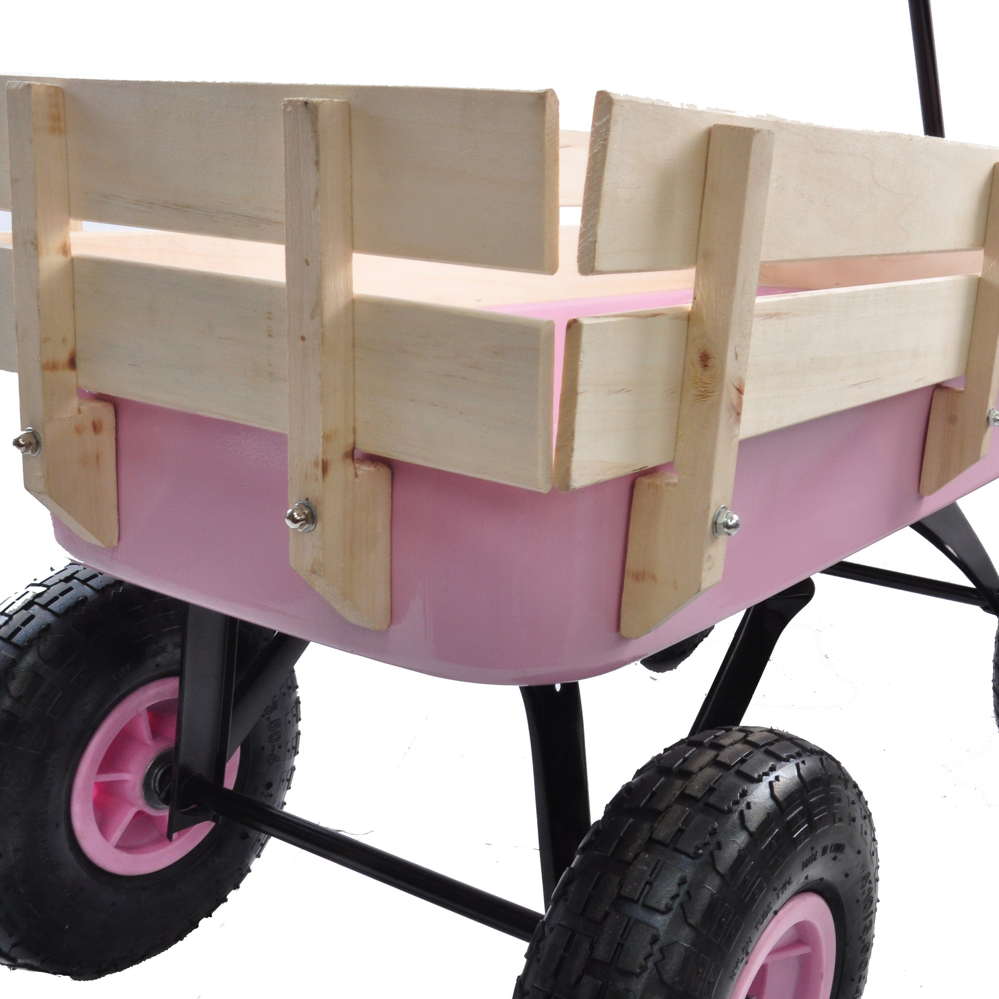 Pink garden wagon with natural wood paneling for kids outdoor play