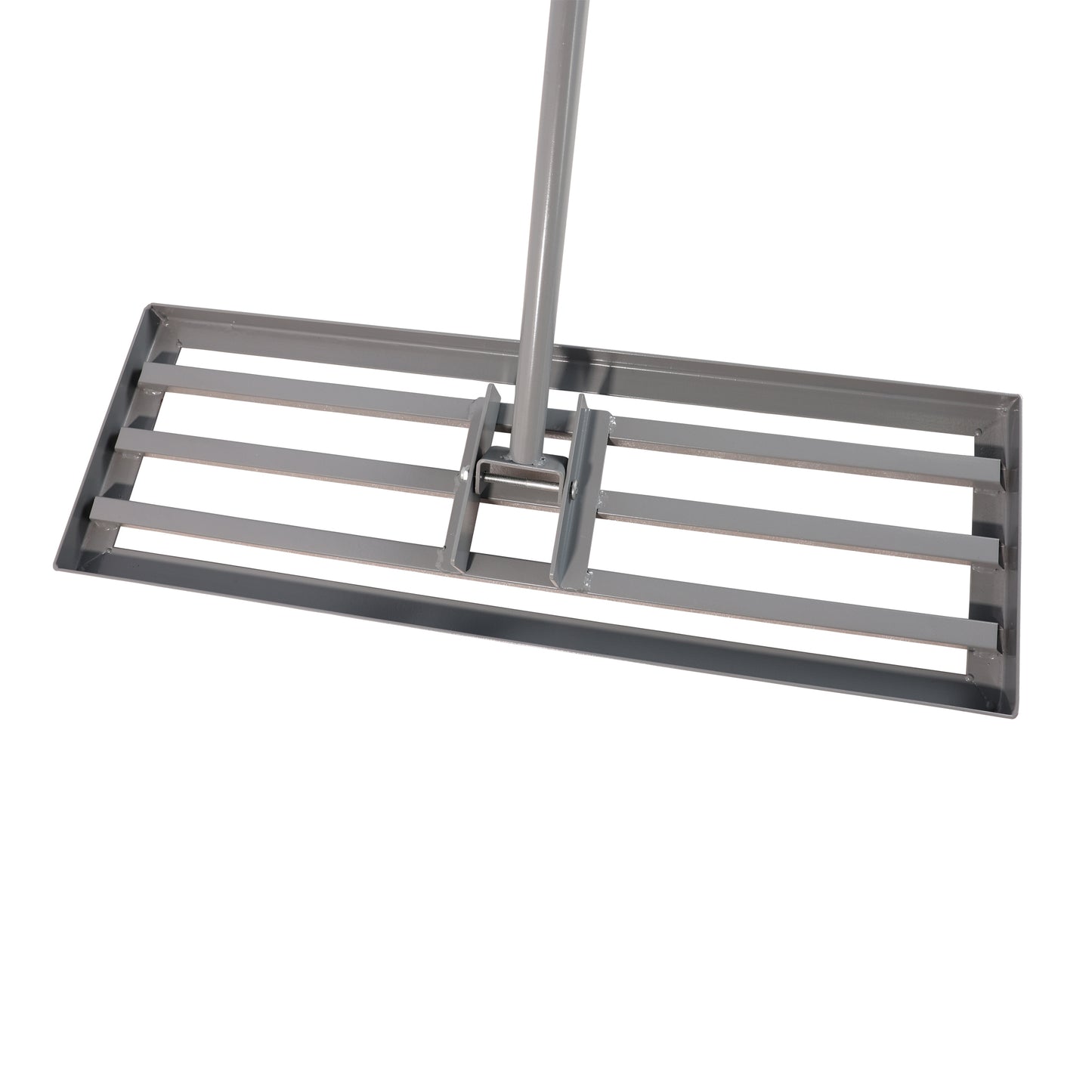 Gray metal lawn rake with a wide slatted head for leveling soil