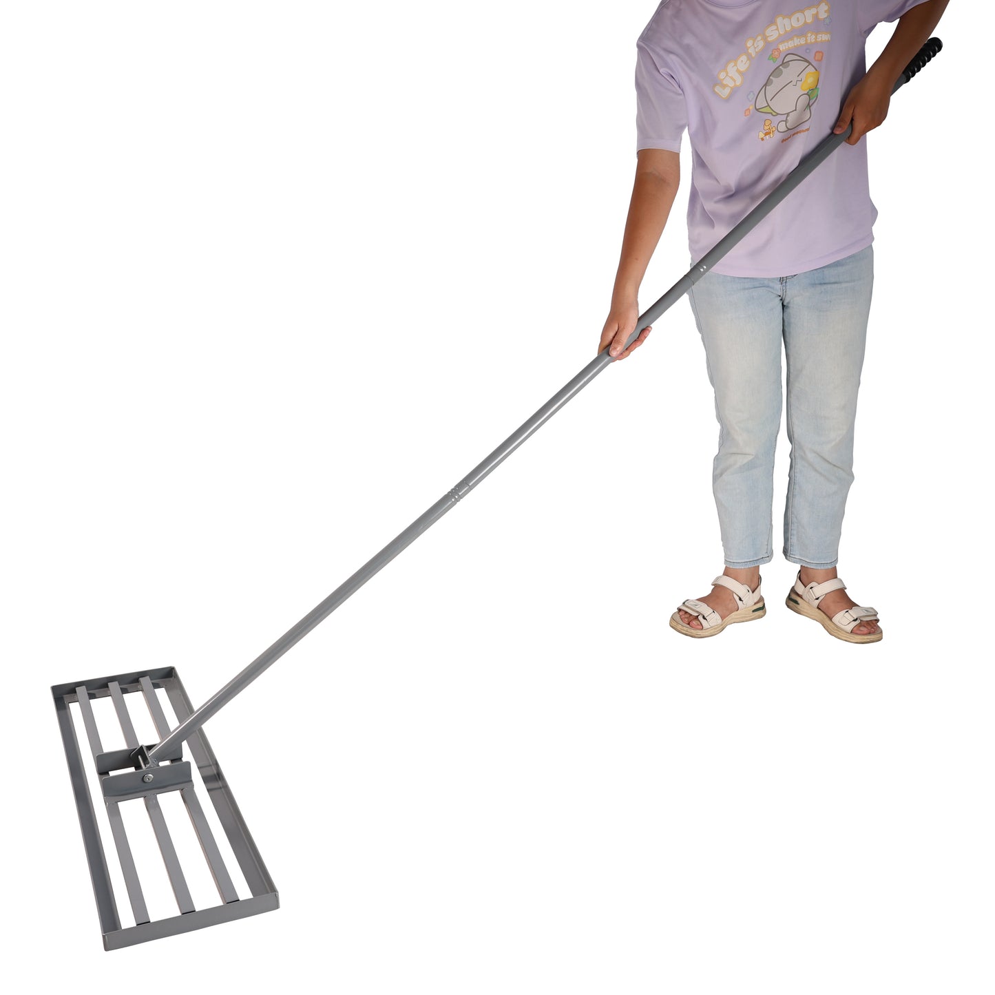 Heavyduty metal landscape rake with a long grey handle ideal for leveling soil or gravel