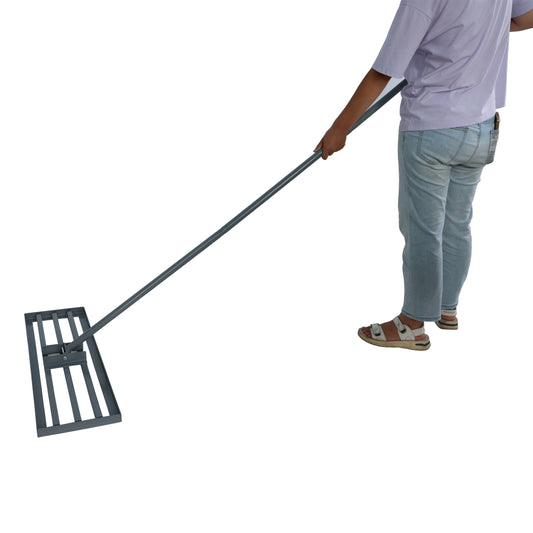 Heavyduty metal landscape rake with wide spread for leveling soil and gravel