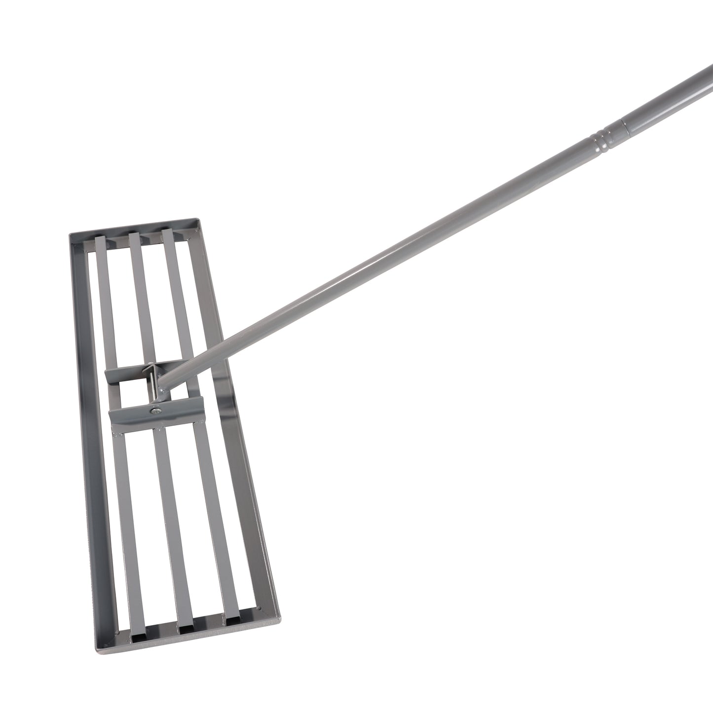 Heavyduty aluminum lawn rake with a durable steel handle for efficient leaf removal