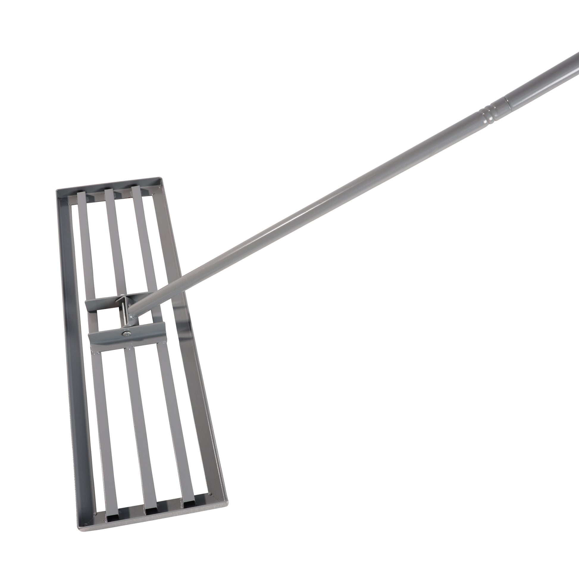 Heavyduty aluminum lawn rake with a durable steel handle for efficient leaf removal