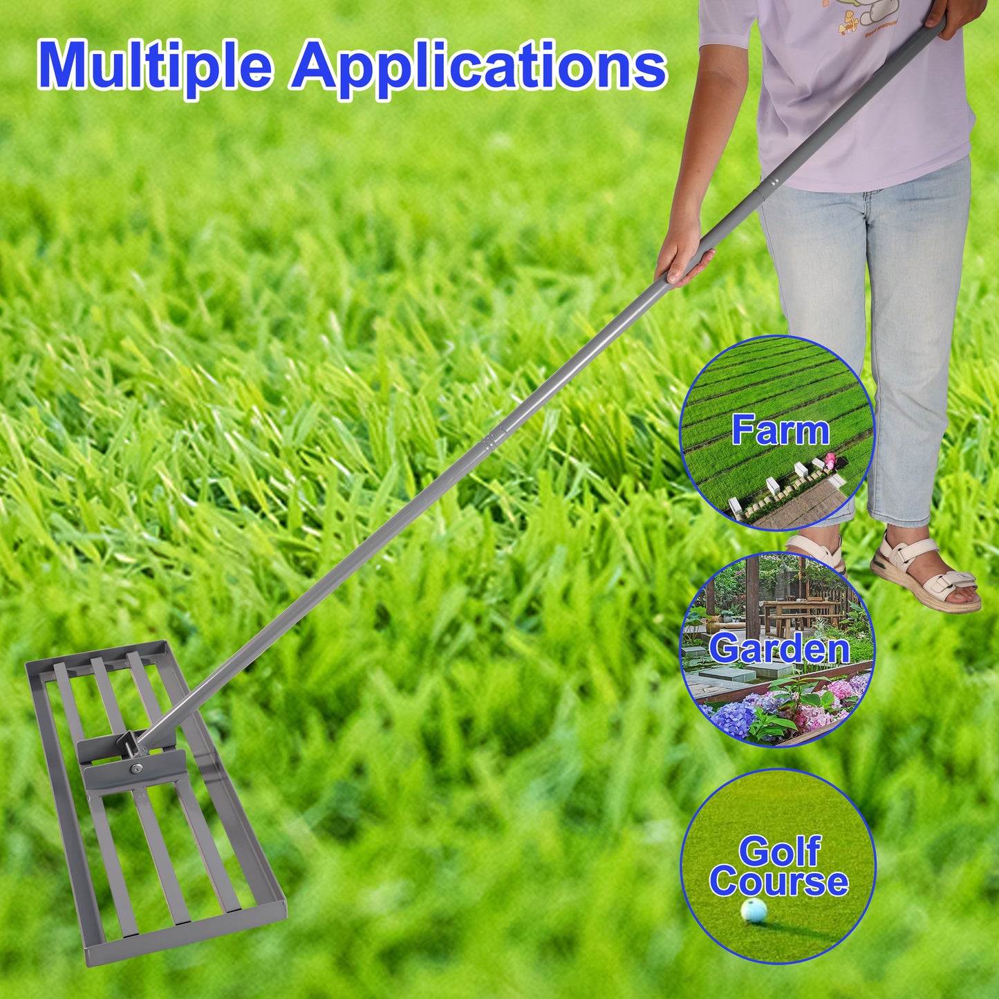 Heavyduty garden rake with a wide steel head for leveling soil and lawns