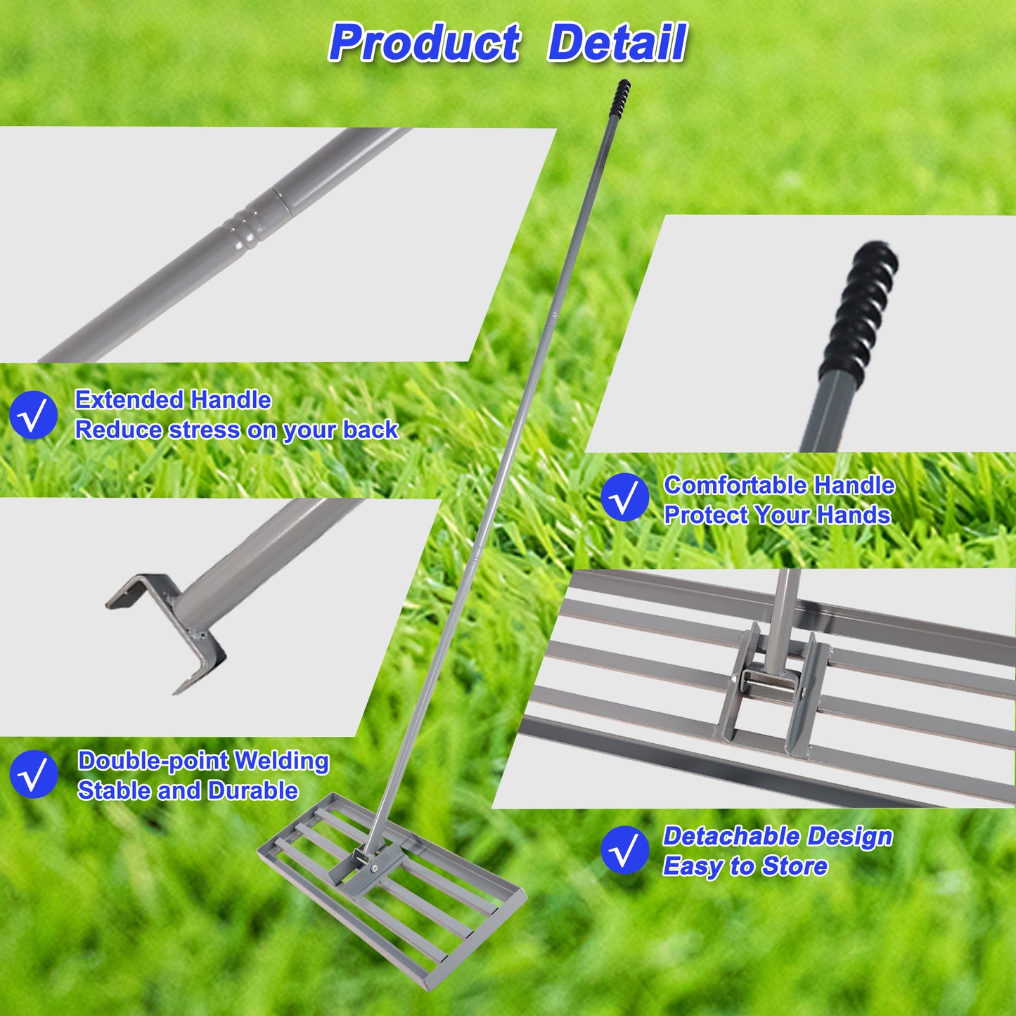 Gray metal garden rake with extended handle ideal for lawn care tasks