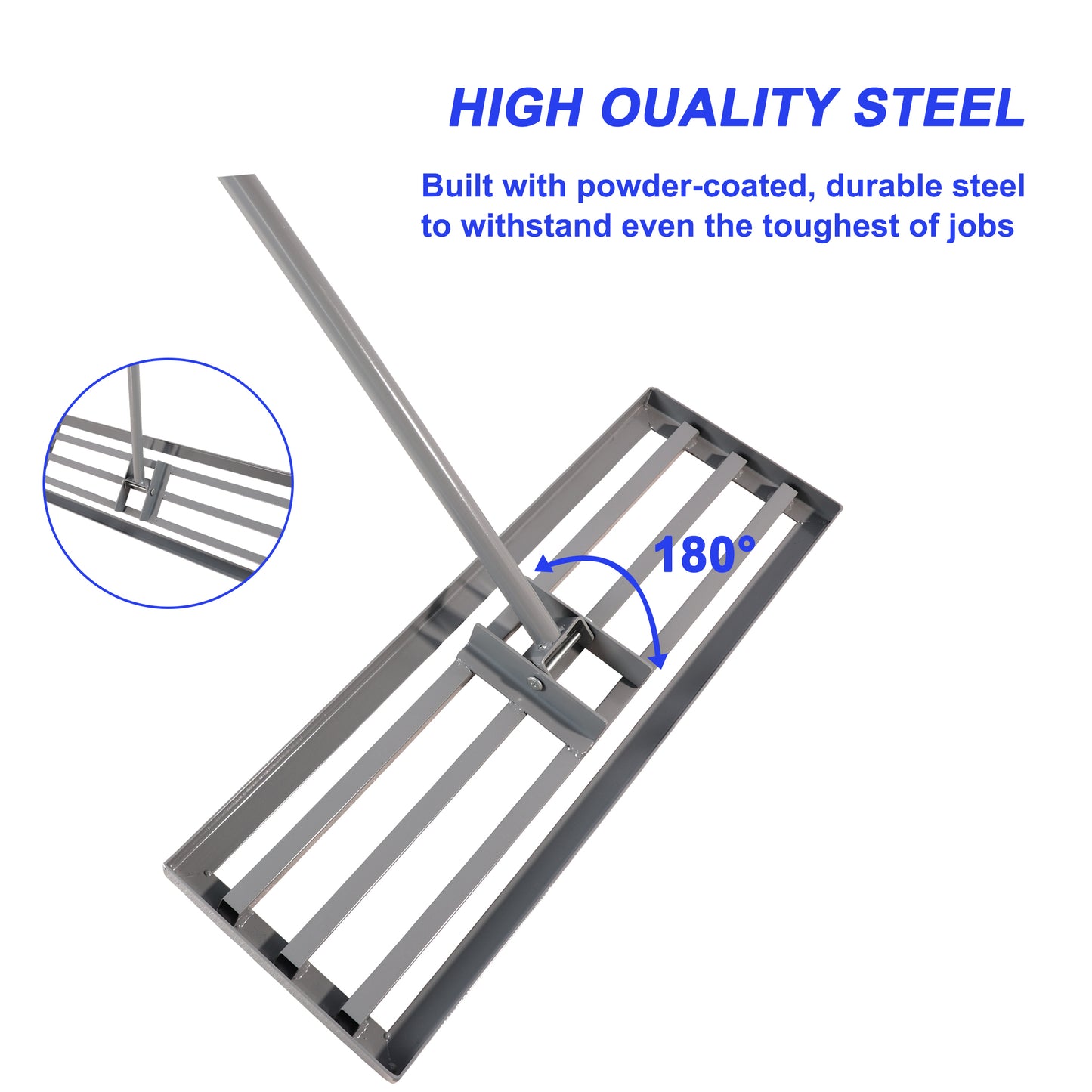 Durable steel landscape rake with a inch working width for leveling soil and gravel