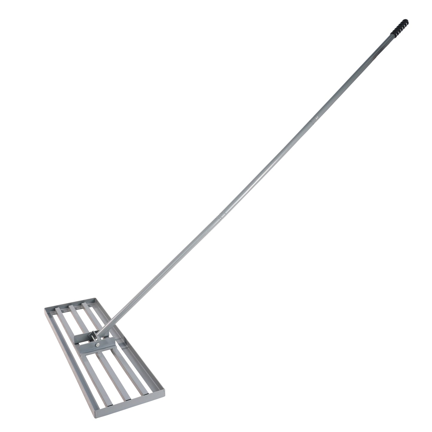 Gray steel landscape rake with a long handle and a metal grate head
