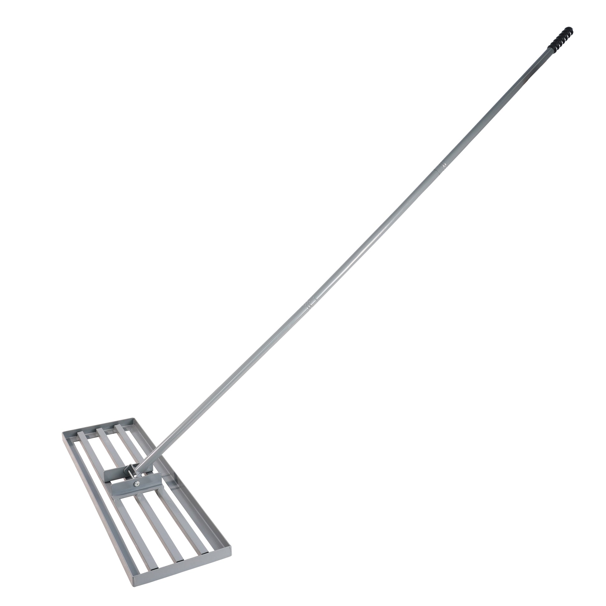 Gray steel landscape rake with a long handle and a metal grate head
