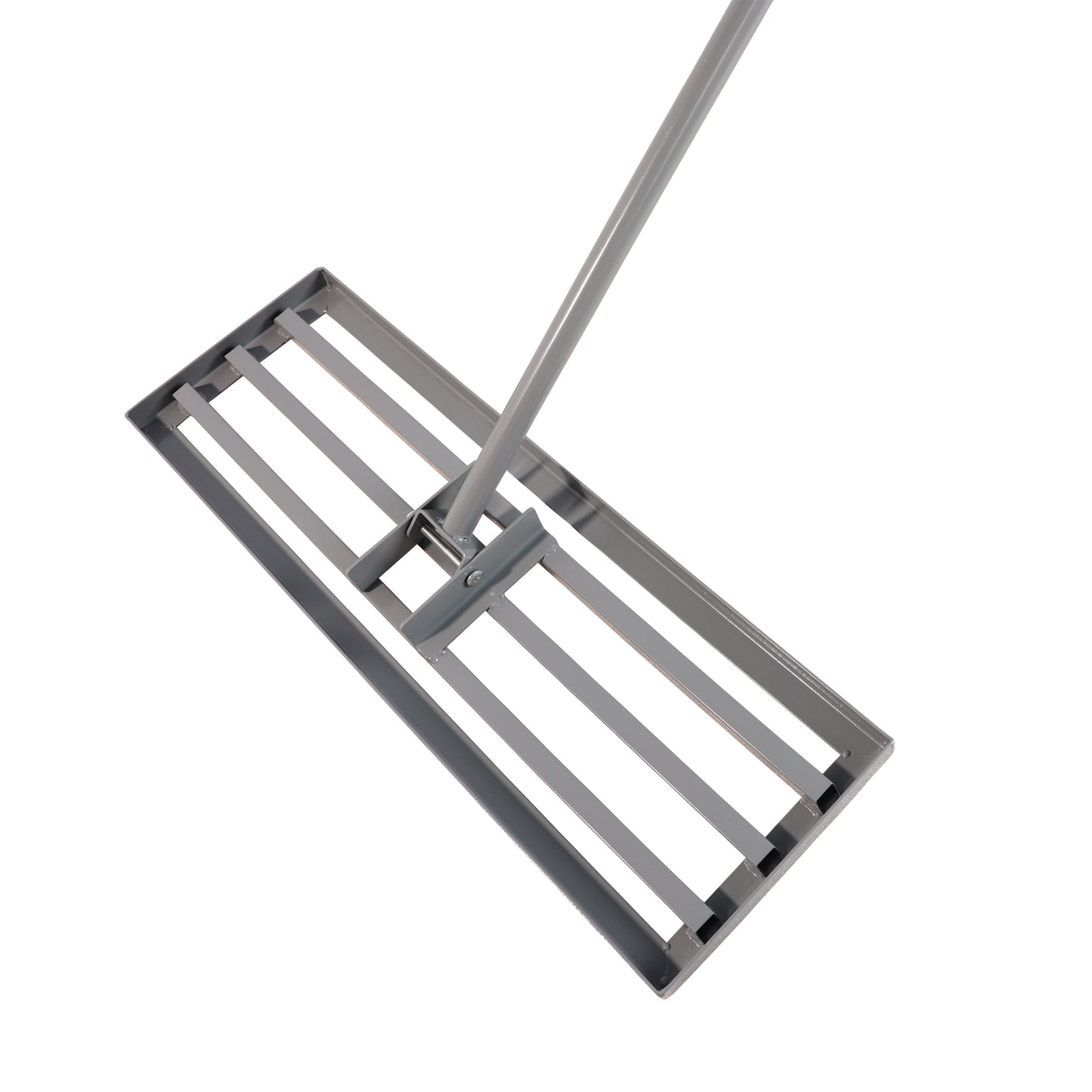 Steel landscaping rake with a long gray handle for leveling soil and gravel
