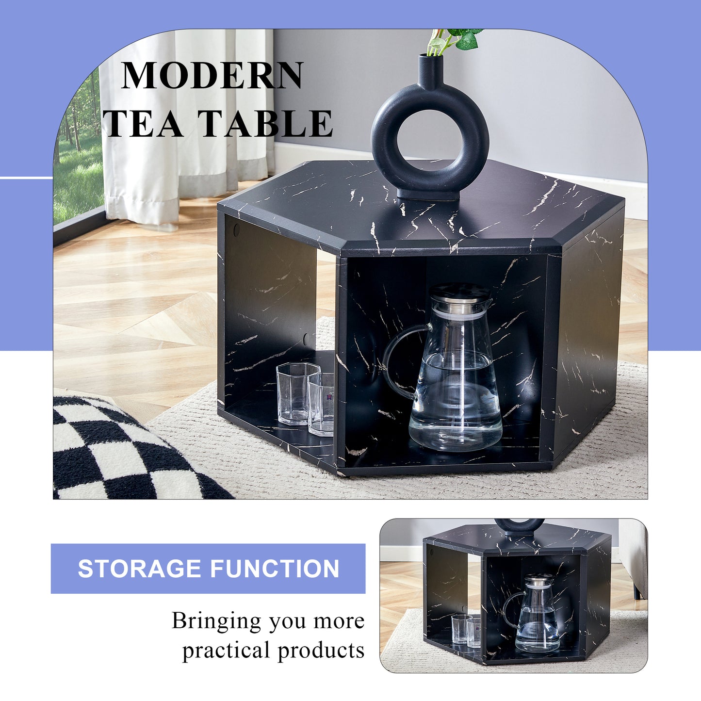 Black marble hexagon tea table with modern design featuring storage and decorative vase