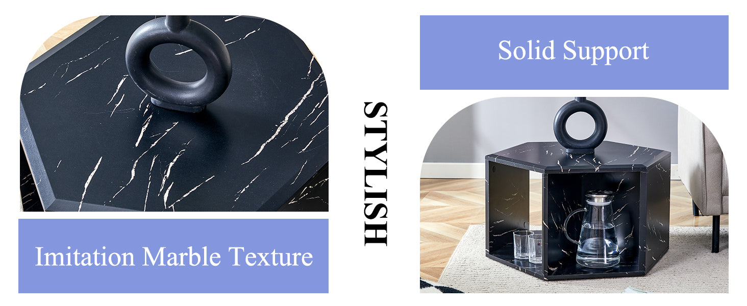 Hexagonal black side table with imitation marble texture and stylish white veins