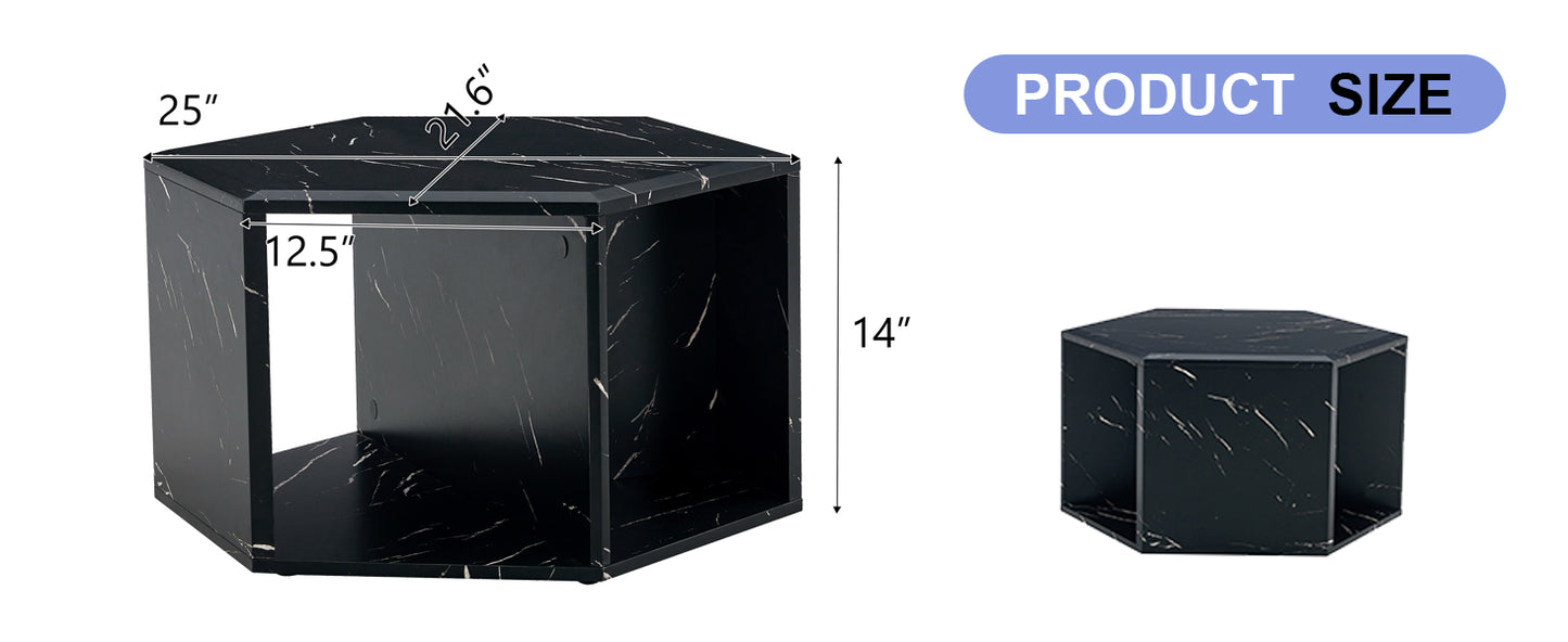 Black marble hexagon end table with modern geometric design dimensions shown