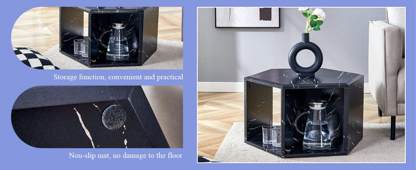 Hexagonal black marble coffee table with modern gold veining and storage