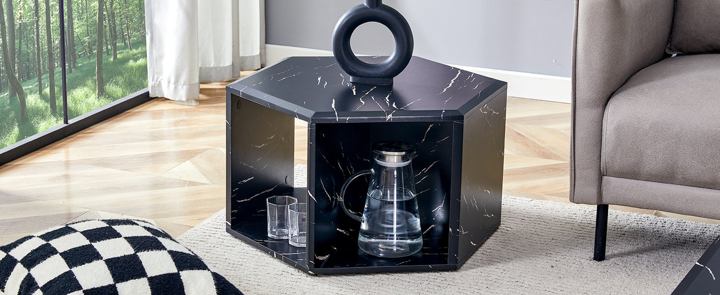 Hexagonal black marble end table with modern white veining perfect for living rooms