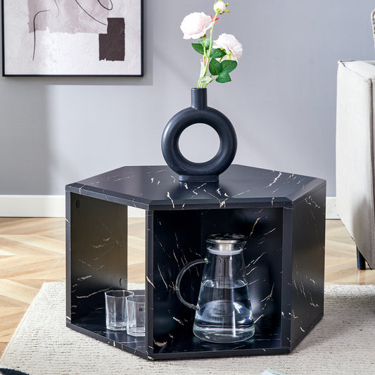 Hexagonal black marble coffee table with modern art vase and pitcher