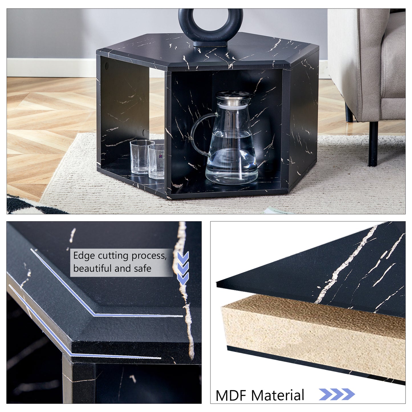 Hexagonal black marble effect side table with elegant white veining featuring a stylish carved edge detail