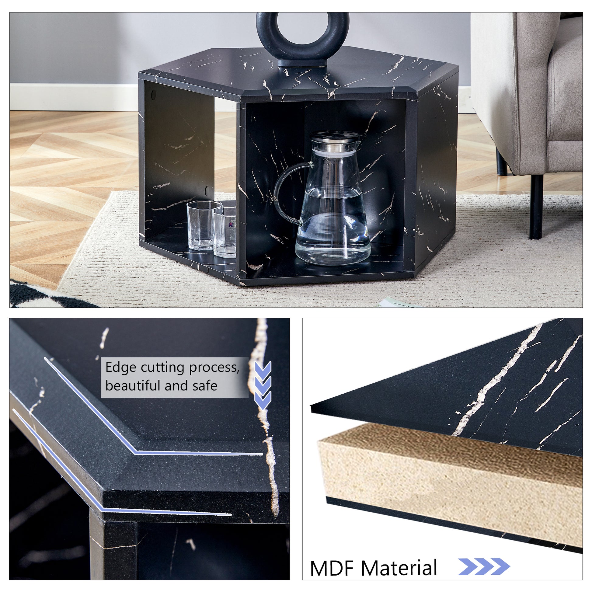 Hexagonal black marble effect side table with elegant white veining featuring a stylish carved edge detail