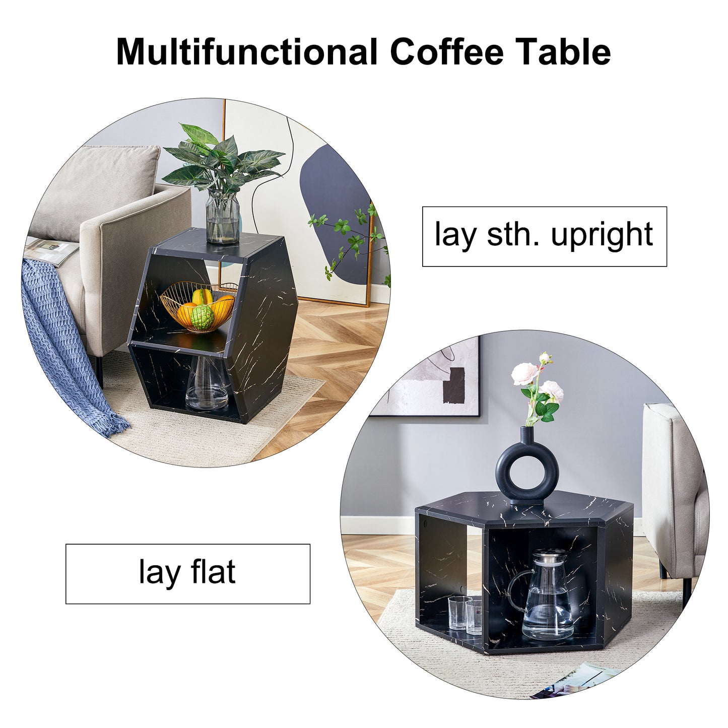 Hexagonal black marble coffee table with gold veins and open shelving