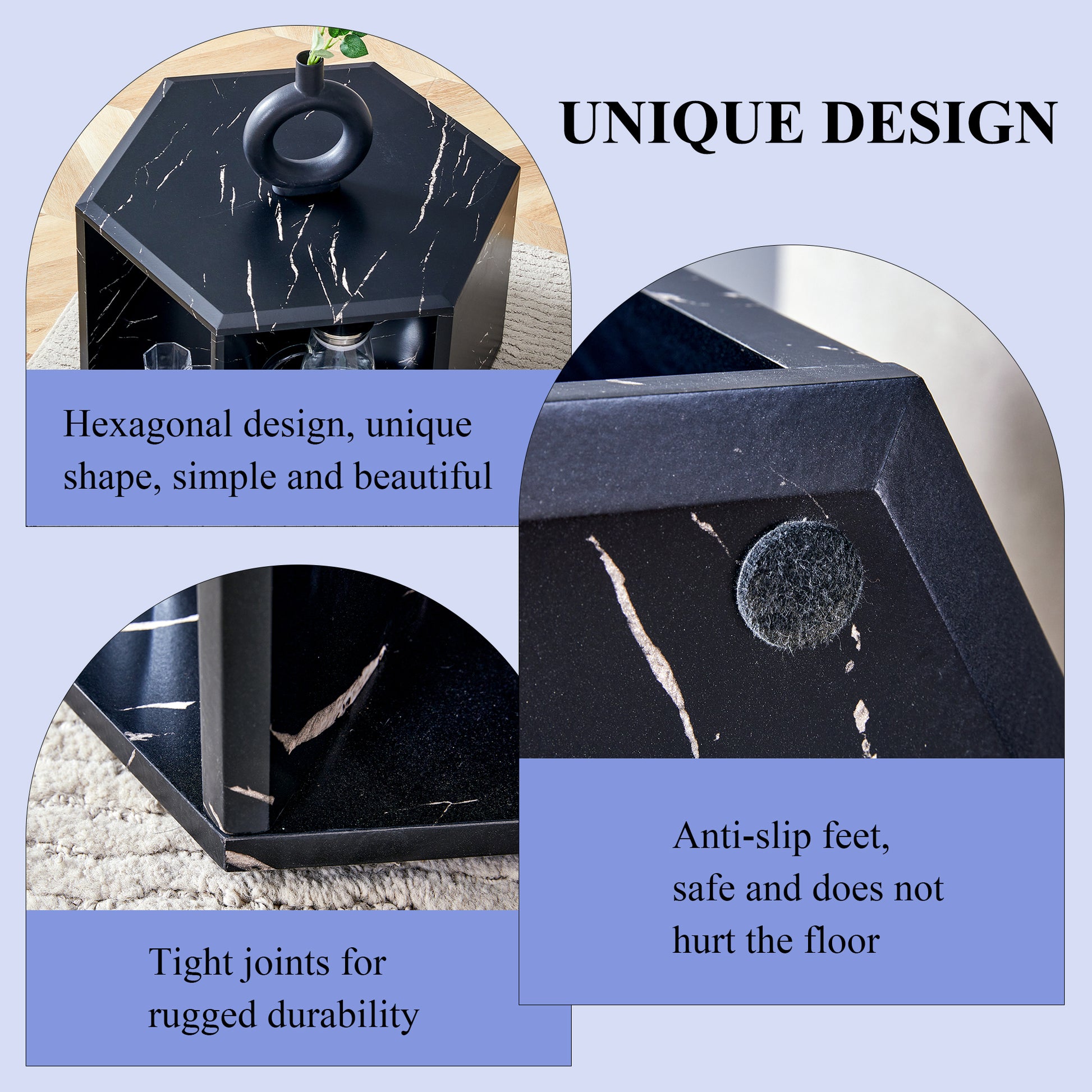 Hexagonal marble coffee table with unique black and gold design