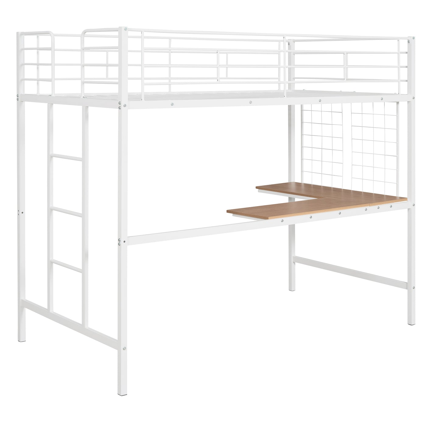 White metal loft bed with desk and ladder