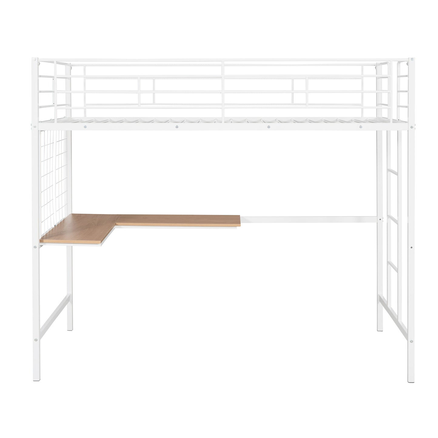 White metal loft bed with integrated Lshaped desk and wooden surface